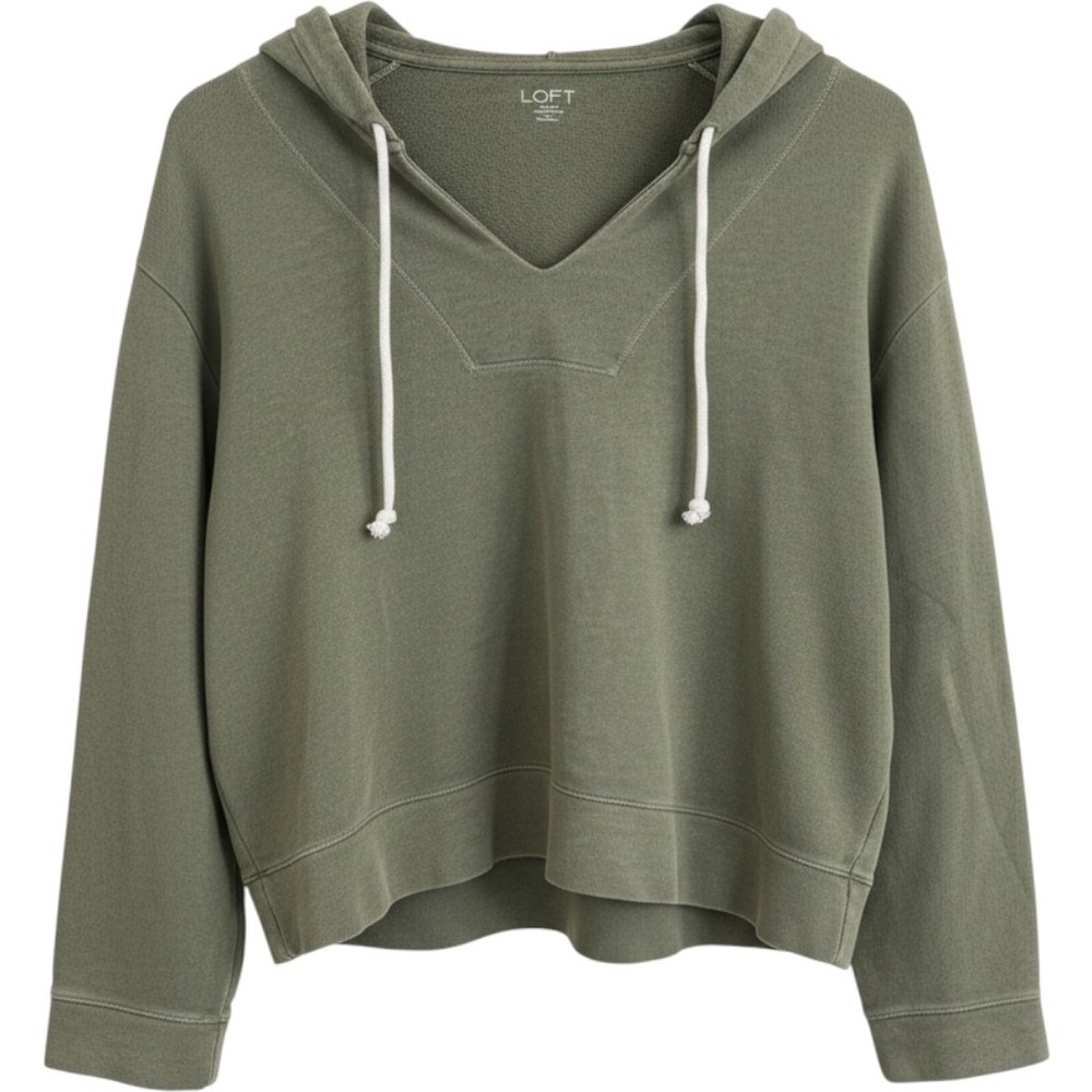 LOFT Outlet Womens Olive Green V-Neck Cropped Hoodie Sweatshirt Size M - Picture 1 of 11
